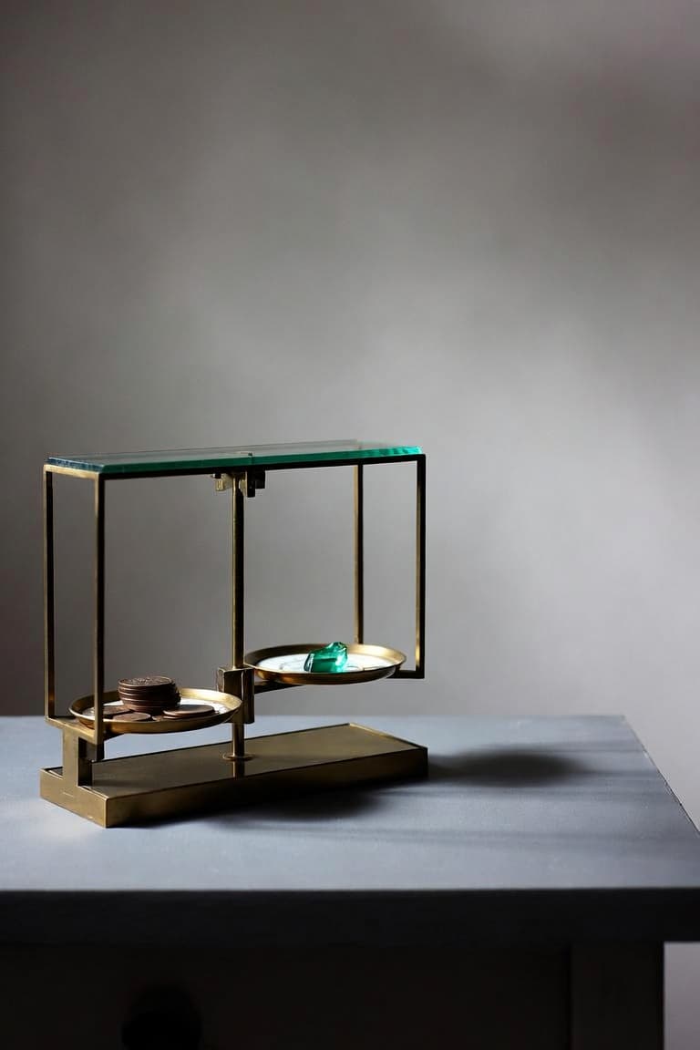 Eine messingfarbene Apothekerwaage mit Glasplatte — eine Schale mit Bronzemünzen, die andere mit einem smaragdgrünen Glasstück.